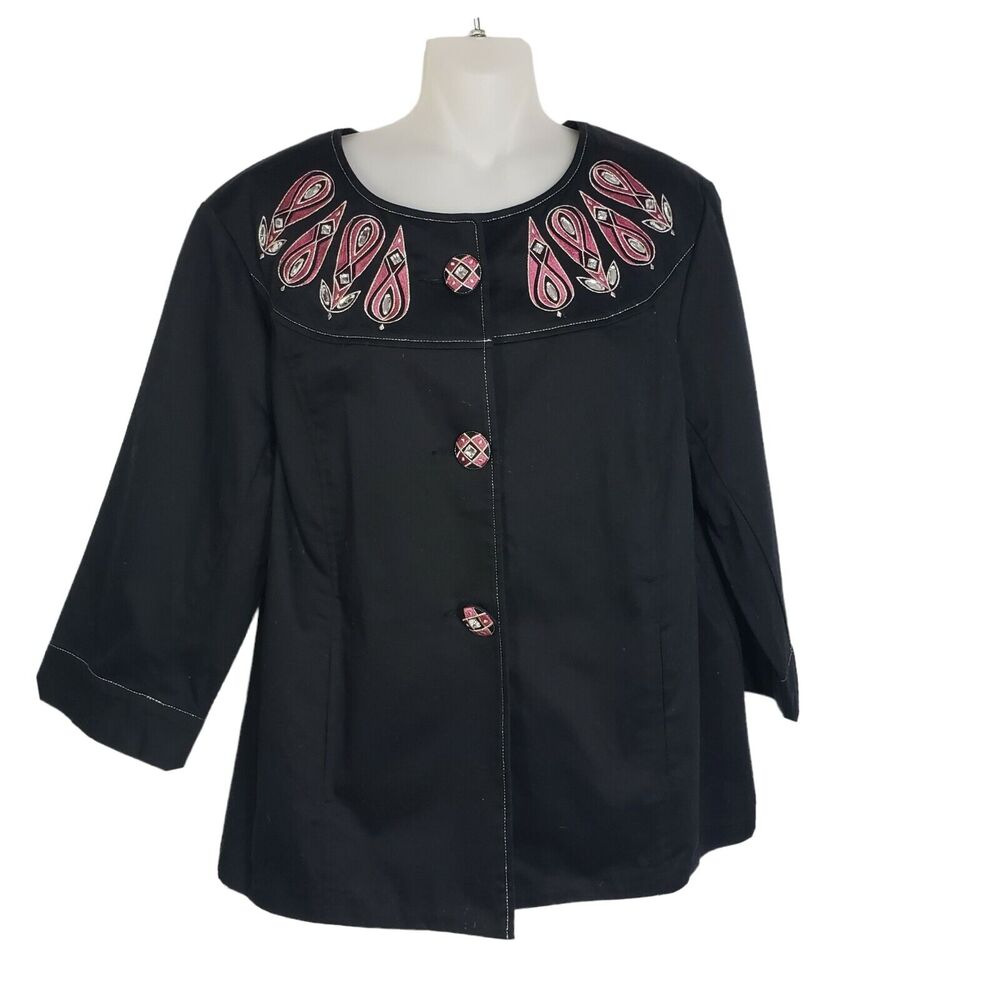 Bob Mackie Womens Swing Jacket Large Black 3/4 Sleeves Embellished Button Front